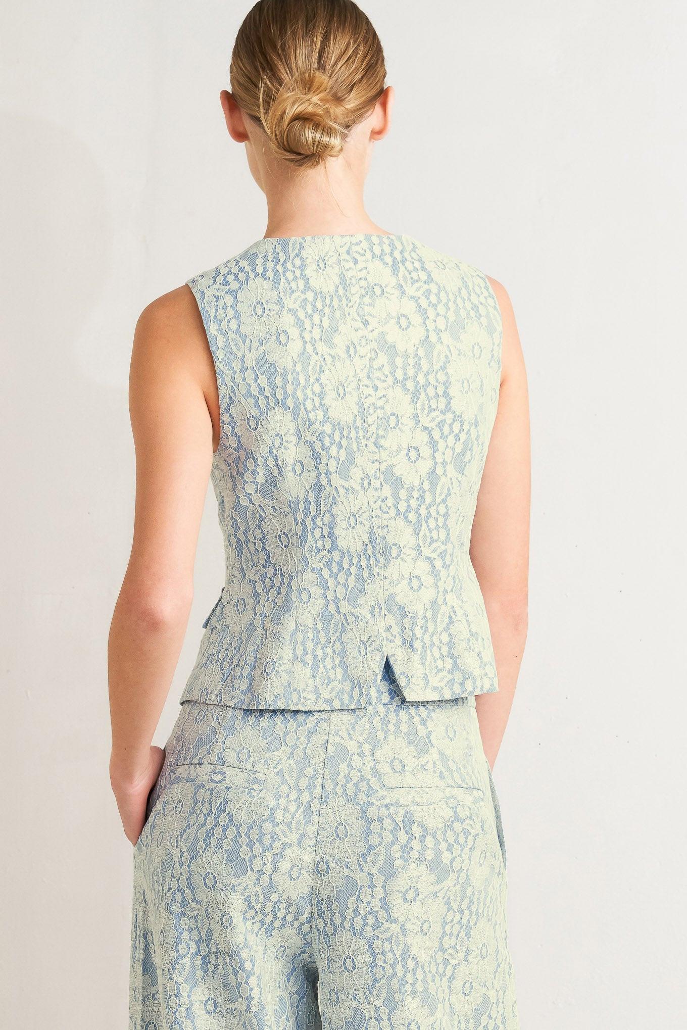 Easy Elegance Woven Lace Vest in cream light blue, view 7 — Soul Flow Apparel