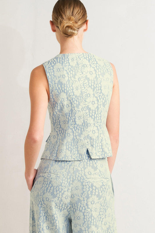 Easy Elegance Woven Lace Vest in cream light blue, view 7 — Soul Flow Apparel