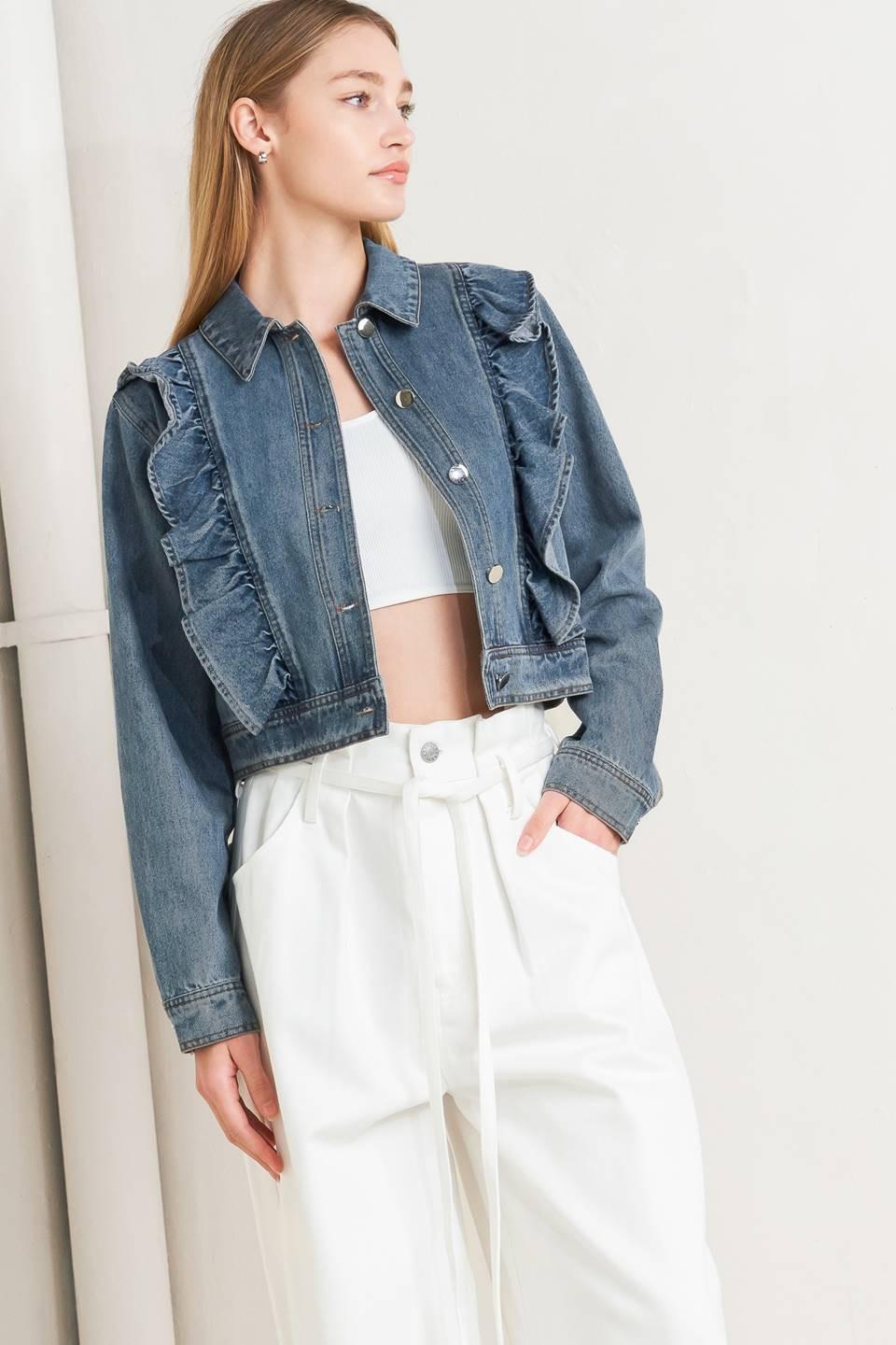 French Femme Denim Crop Jacket in indigo, view 1 — Soul Flow Apparel