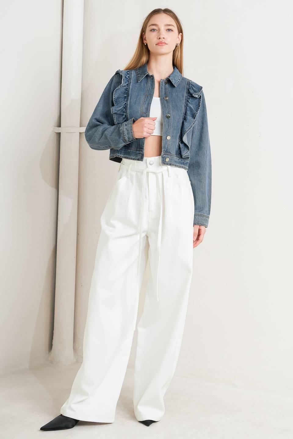 French Femme Denim Crop Jacket in indigo, view 3 — Soul Flow Apparel