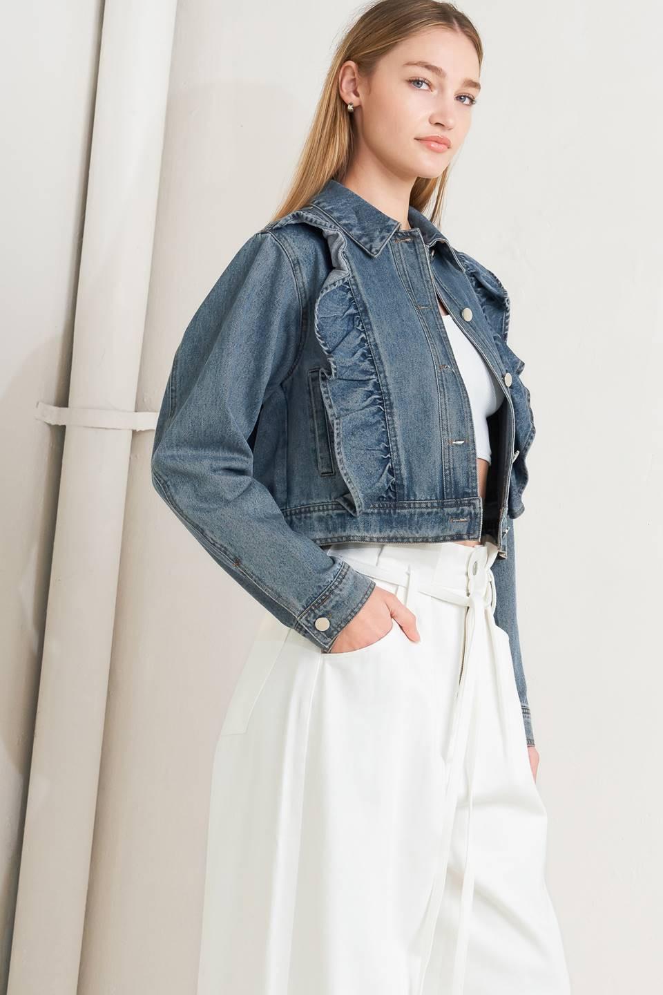 French Femme Denim Crop Jacket in indigo, view 4 — Soul Flow Apparel