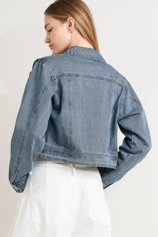 French Femme Denim Crop Jacket in indigo, view 5 — Soul Flow Apparel