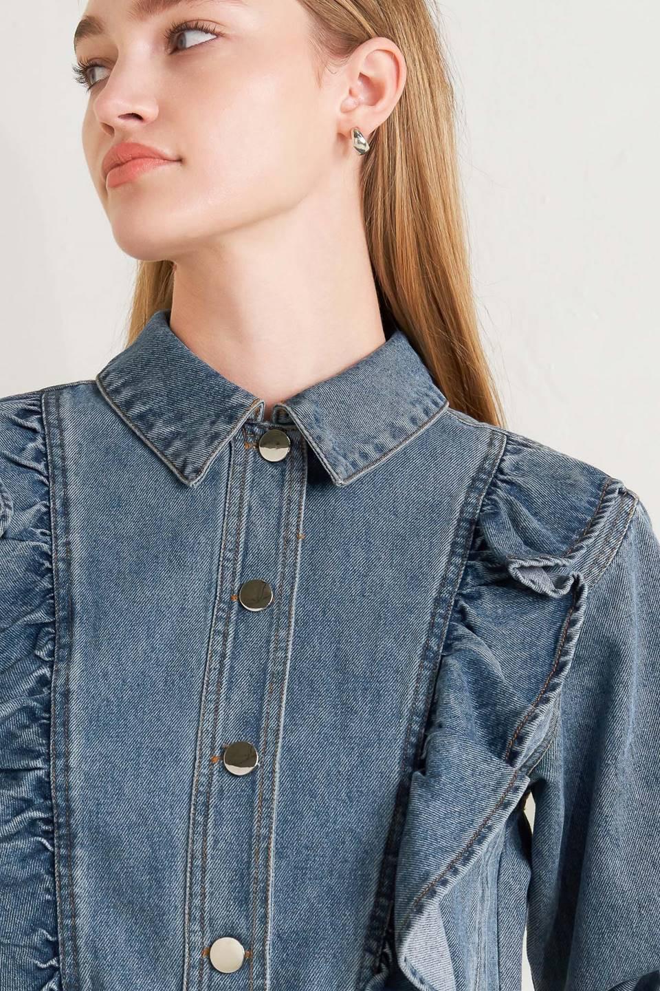 French Femme Denim Crop Jacket in indigo, view 6 — Soul Flow Apparel