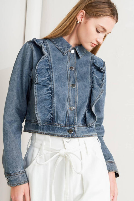 French Femme Denim Crop Jacket in indigo, view 7 — Soul Flow Apparel