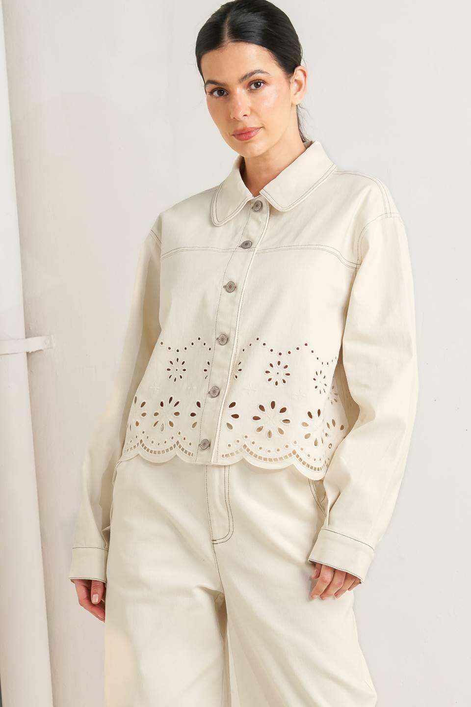 Sunday Leaf Twill Jacket in ecru, view 3 — Soul Flow Apparel
