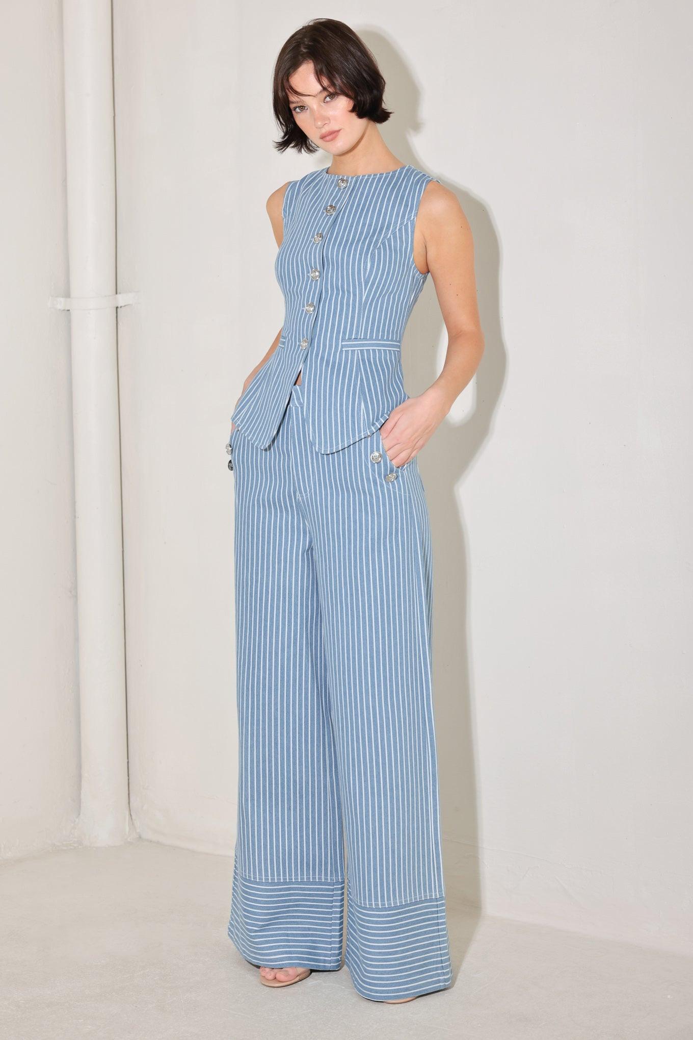 Pinstripe Prestige Woven Vest in denim white, view 3 — Soul Flow Apparel