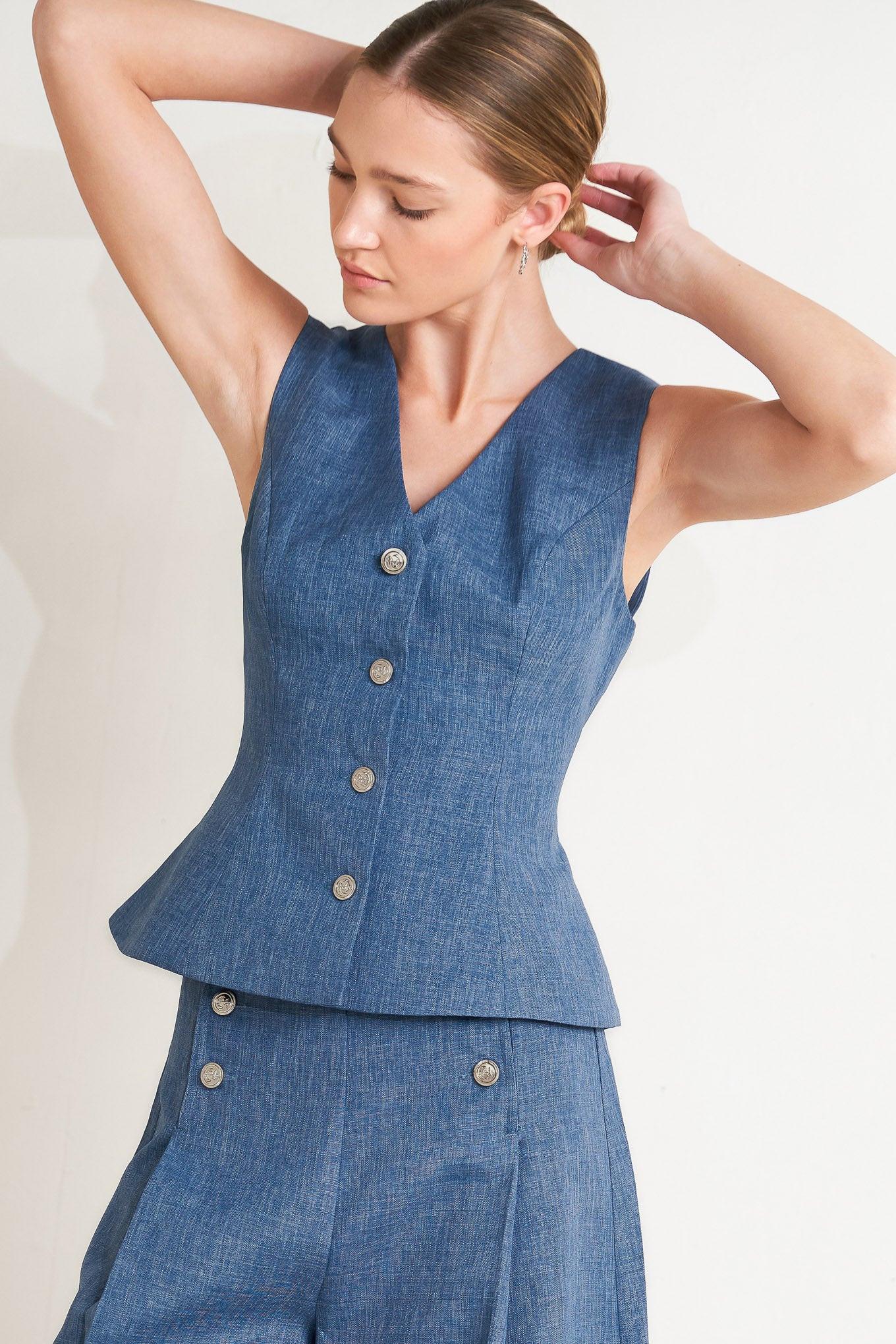 Power Move Woven Vest in denim blue, view 1 — Soul Flow Apparel