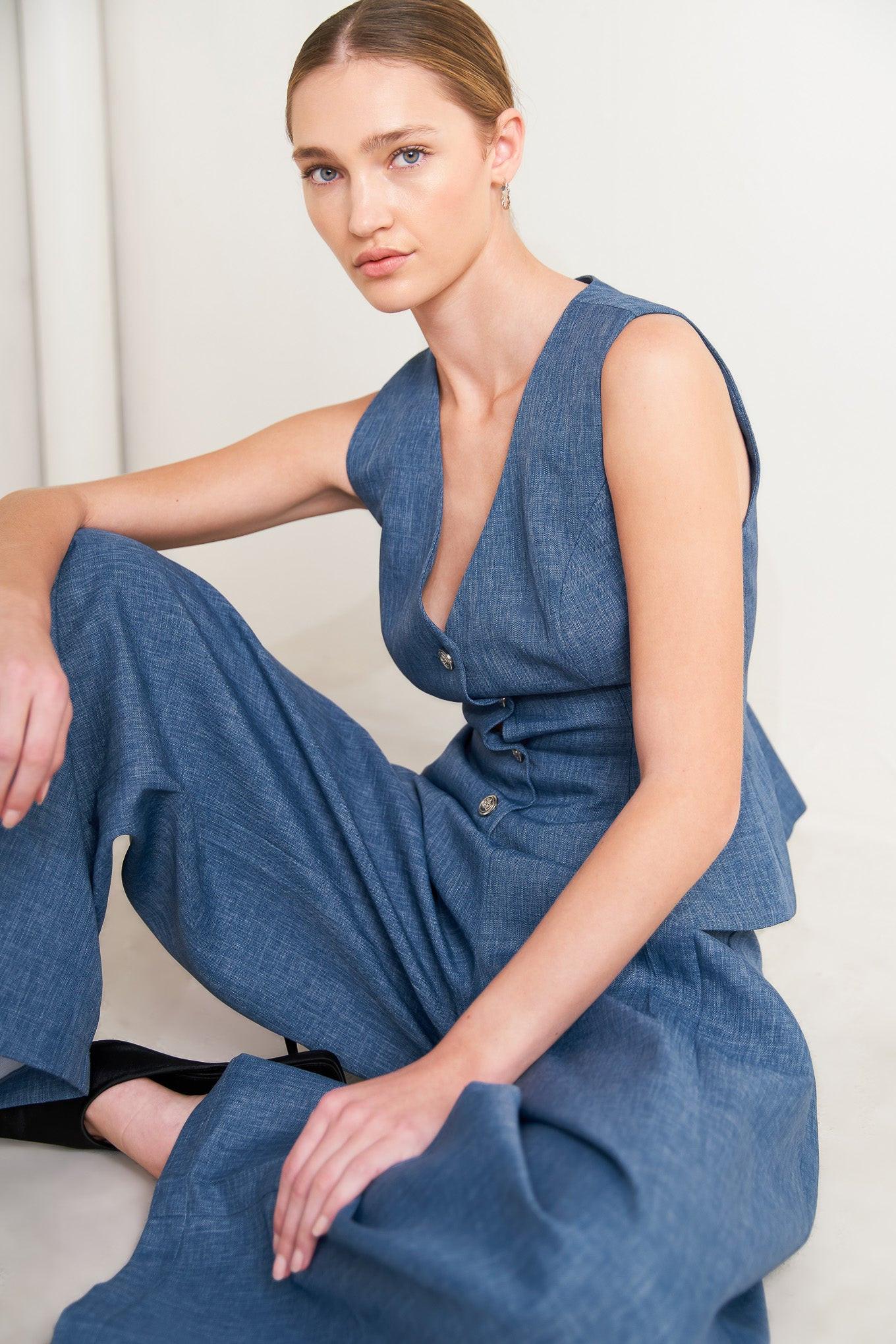 Power Move Woven Vest in denim blue, view 4 — Soul Flow Apparel