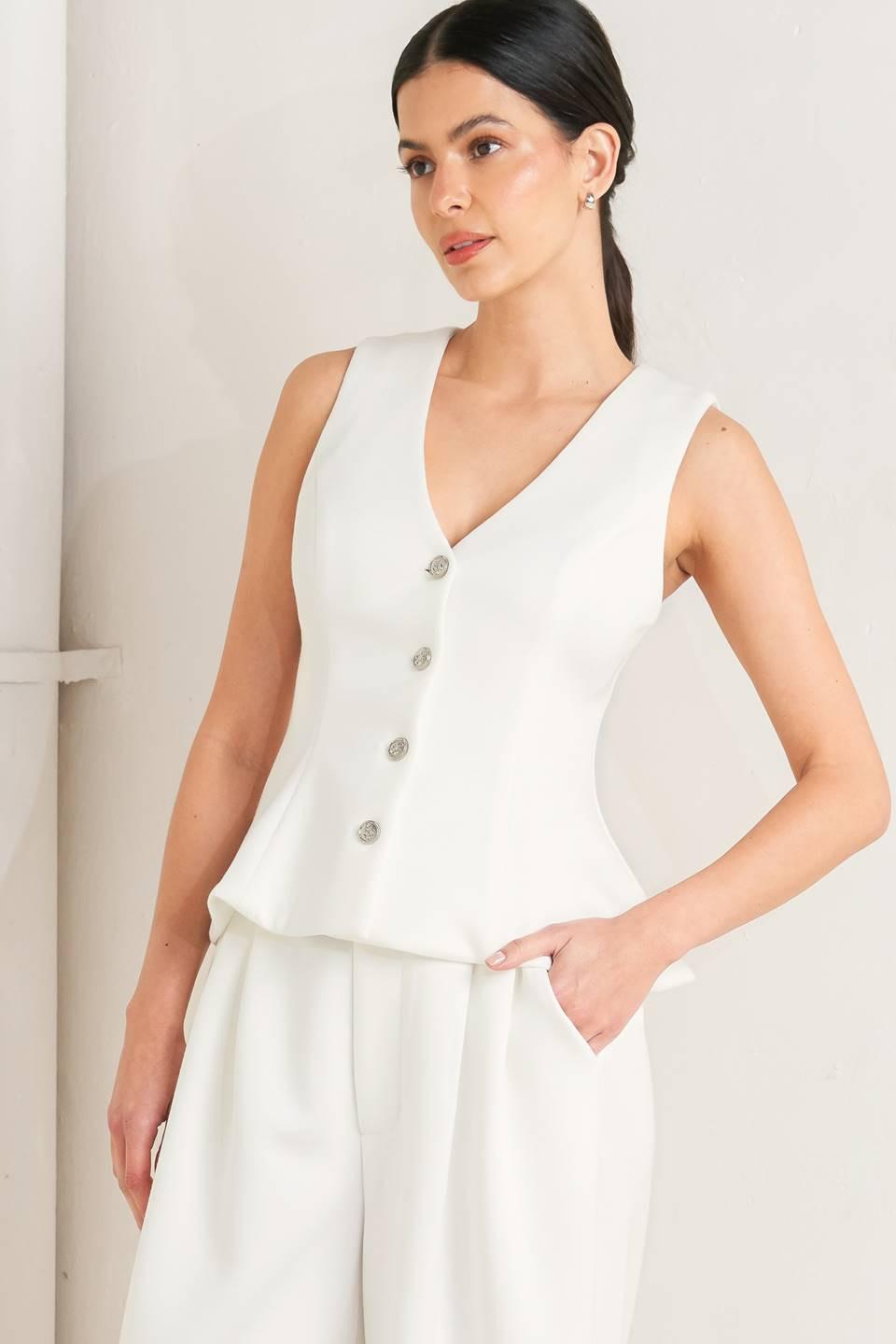 Pure Elegance Woven Vest in white, view 2 — Soul Flow Apparel