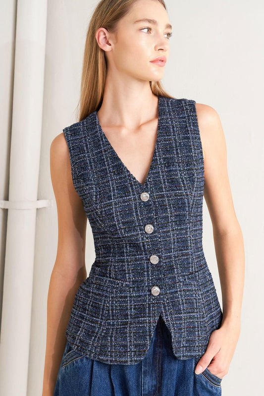 Everyday Icon Tweed Vest in navy multi, view 1 — Soul Flow Apparel