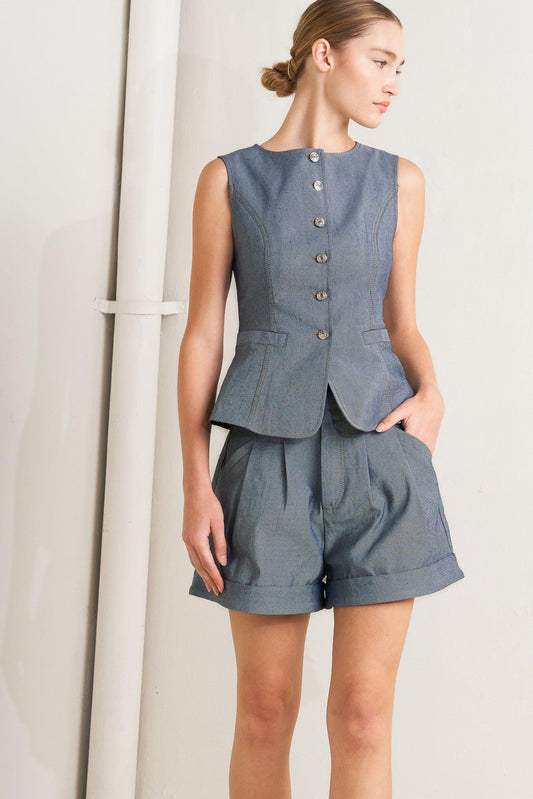 Confidently Cool Tailored Woven Vest in light indigo, view 1 — Soul Flow Apparel