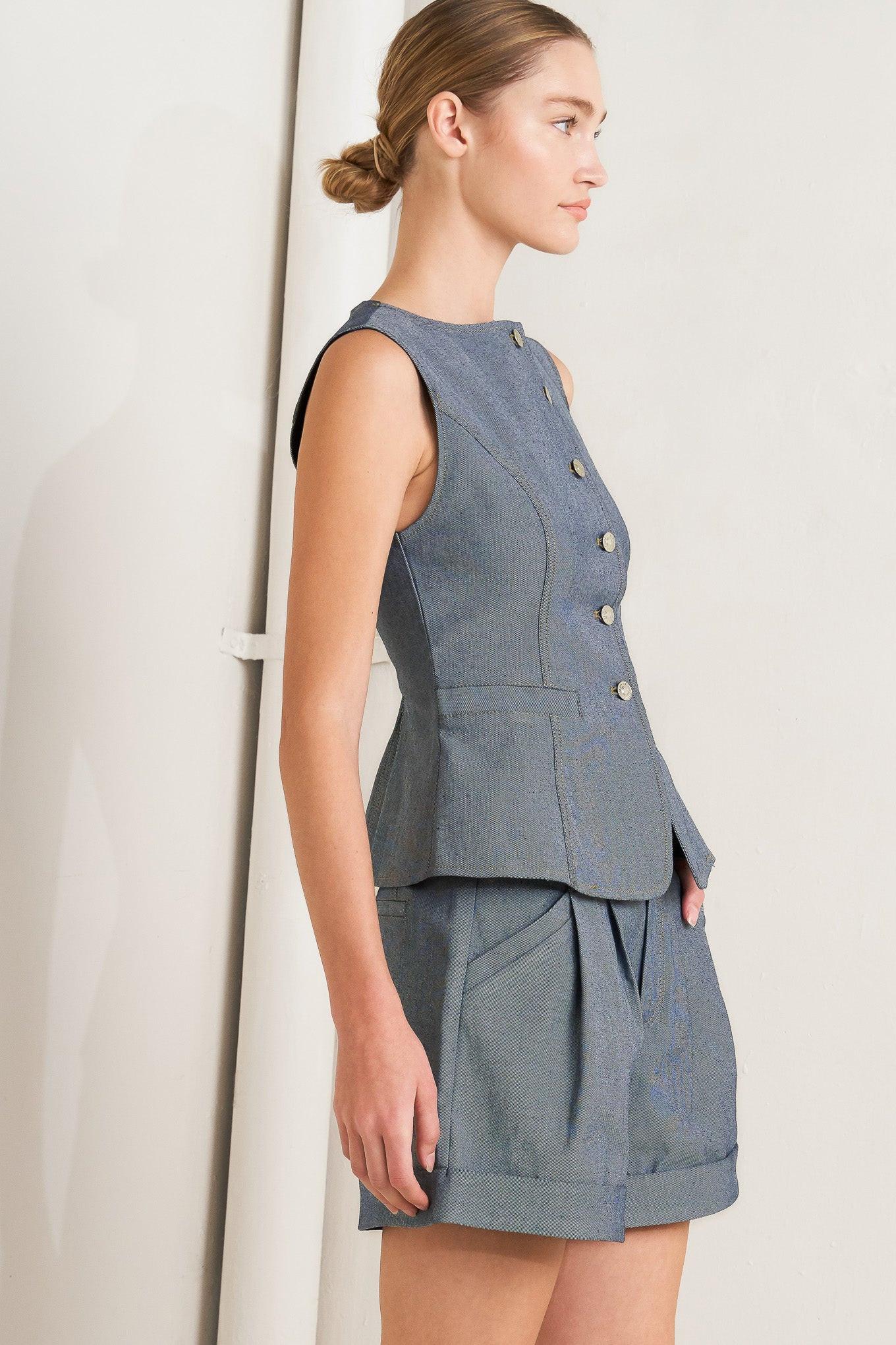 Confidently Cool Tailored Woven Vest in light indigo, view 3 — Soul Flow Apparel