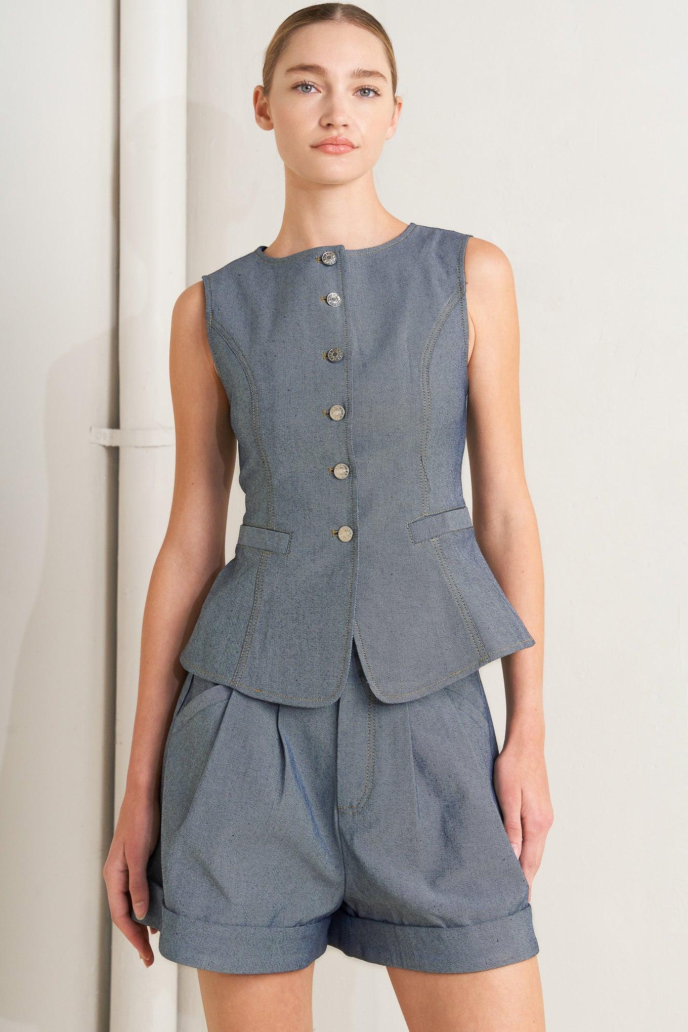 Confidently Cool Tailored Woven Vest in light indigo, view 5 — Soul Flow Apparel