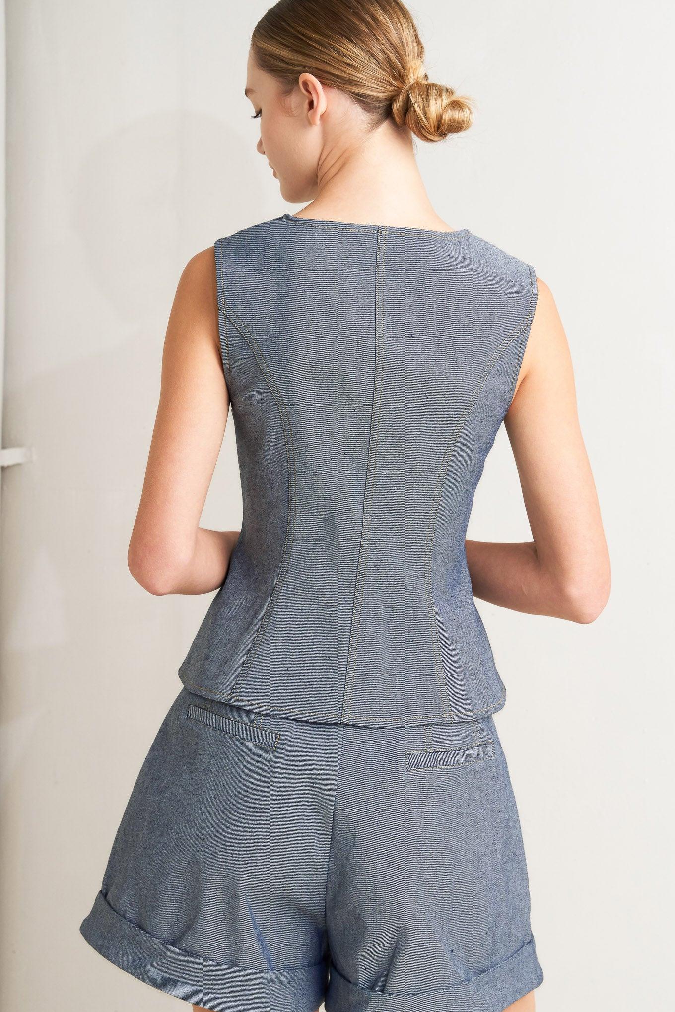 Confidently Cool Tailored Woven Vest in light indigo, view 6 — Soul Flow Apparel