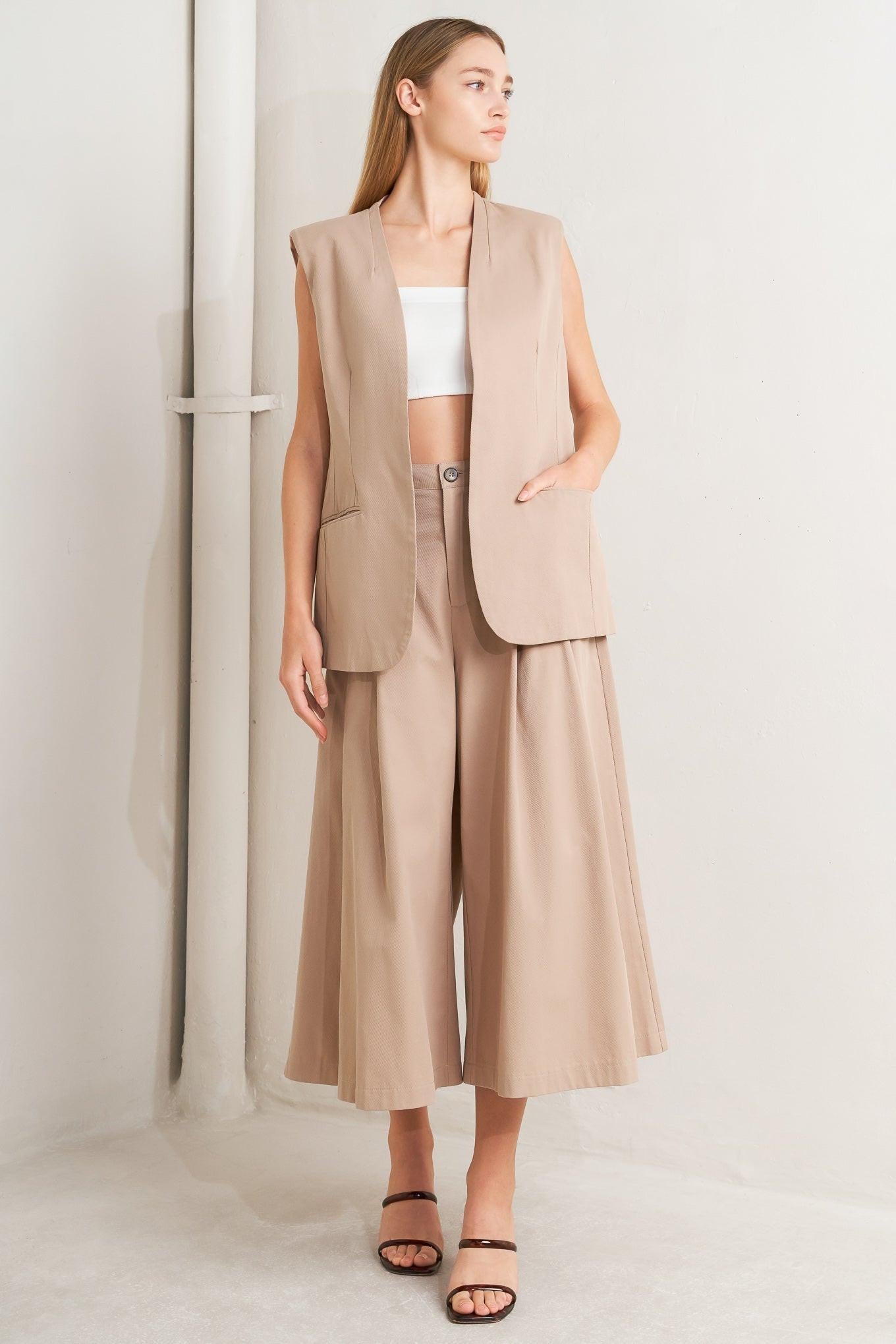 Elegant Pleat Woven Midi Vest in latte, view 1 — Soul Flow Apparel