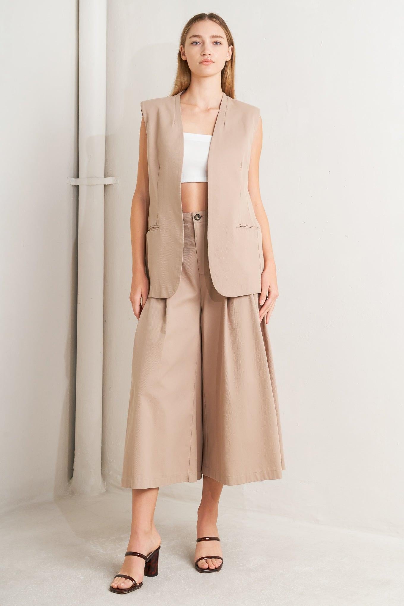 Elegant Pleat Woven Midi Vest in latte, view 2 — Soul Flow Apparel