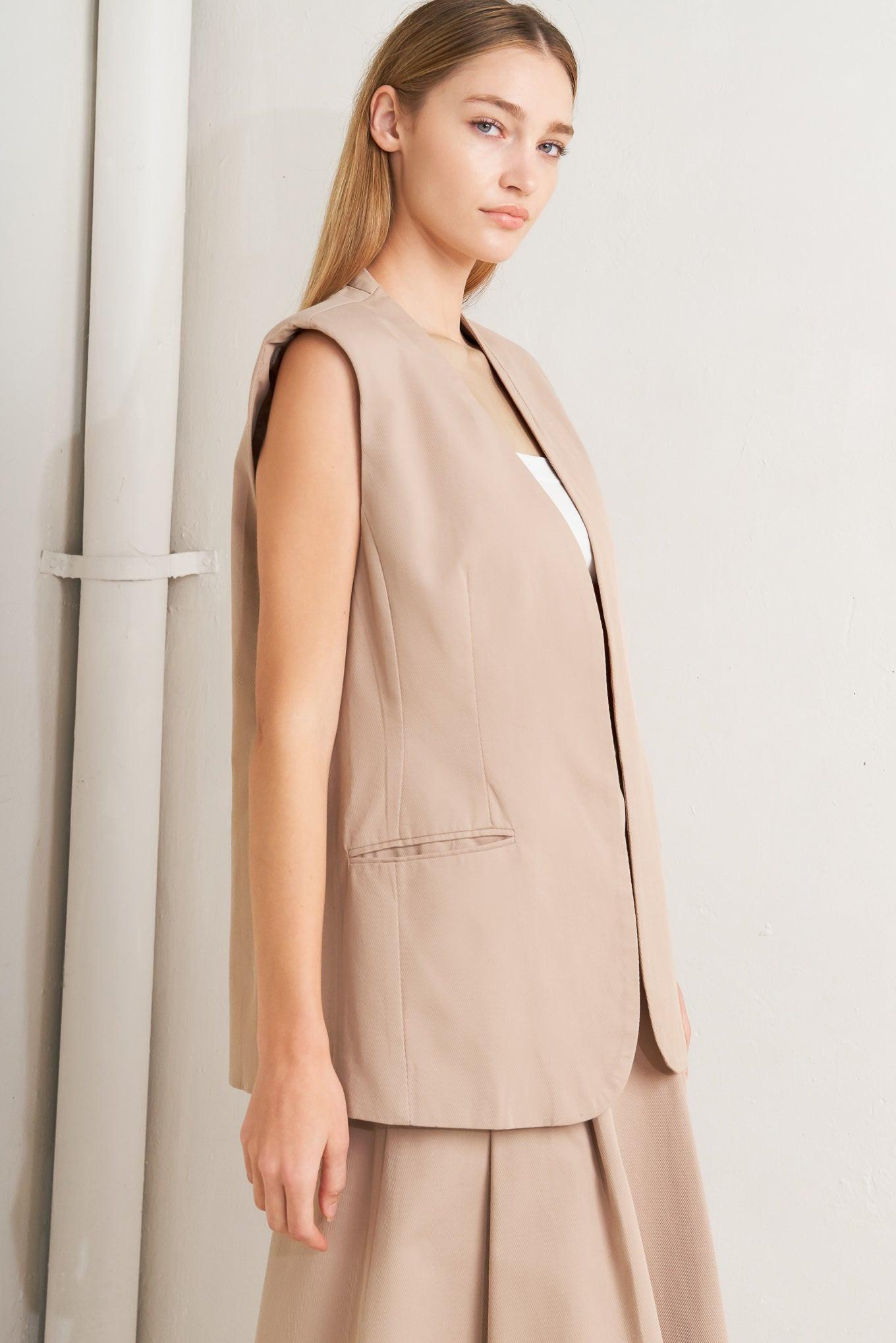 Elegant Pleat Woven Midi Vest in latte, view 5 — Soul Flow Apparel
