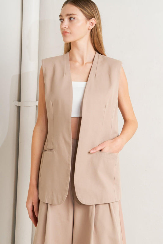 Elegant Pleat Woven Midi Vest in latte, view 6 — Soul Flow Apparel