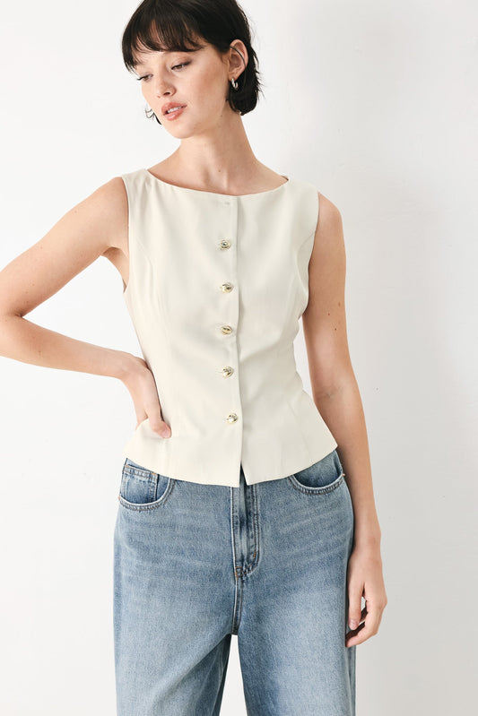 Modern Minimal Woven Vest in neutral, view 1 — Soul Flow Apparel