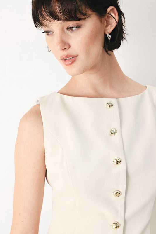Modern Minimal Woven Vest in neutral, view 2 — Soul Flow Apparel