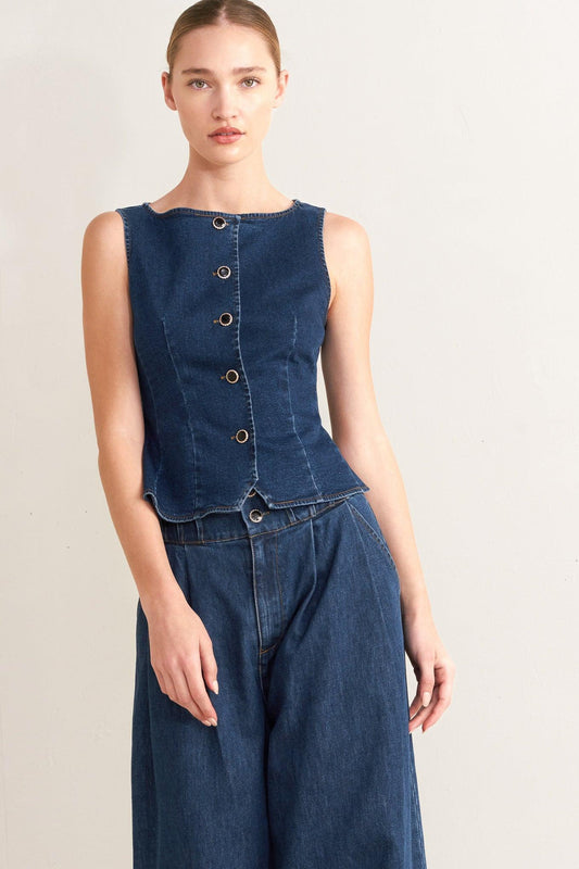 Retro Street Denim Vest in indigo, view 1 — Soul Flow Apparel