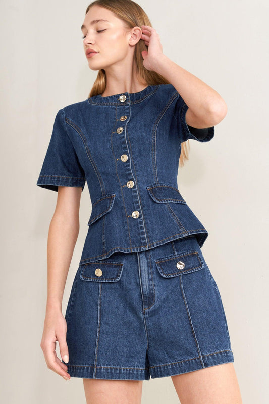 Forever Stylish Denim Top in indigo denim, view 1 — Soul Flow Apparel