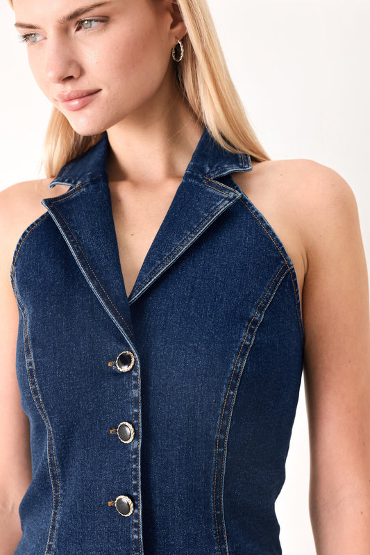 Run The City Denim Vest in indigo, view 4 — Soul Flow Apparel