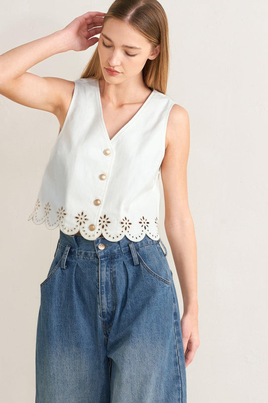 Seafoam Scallop Woven Vest in off-white, view 6 — Soul Flow Apparel