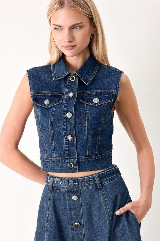 Sweet Talker Denim Crop Vest in indigo, view 1 — Soul Flow Apparel