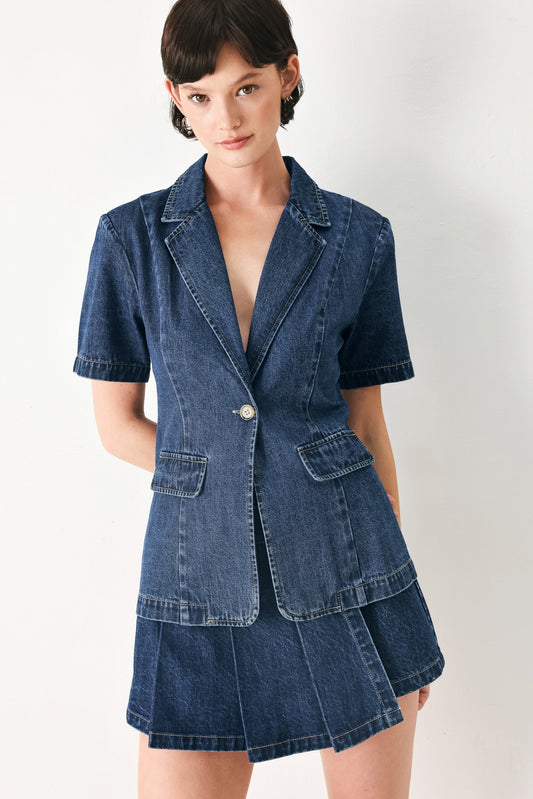 The Power Move Denim Jacket in denim blue, view 1 — Soul Flow Apparel