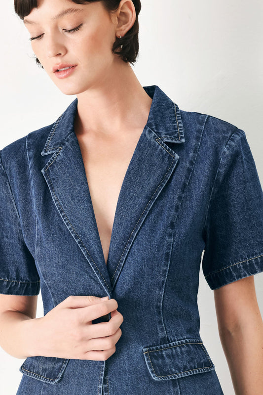 The Power Move Denim Jacket in denim blue, view 2 — Soul Flow Apparel