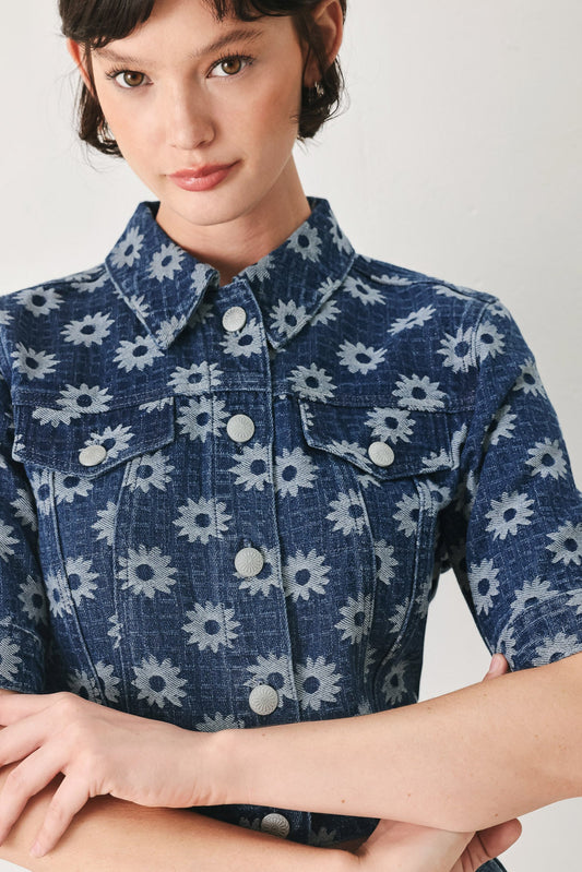 Sweet Daisy Woven Jacquard Denim Jacket in indigo, view 2 — Soul Flow Apparel