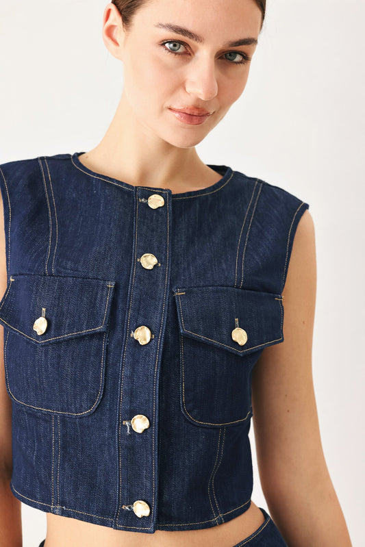 Iconic Indigo Denim Crop Vest, view 2 — Soul Flow Apparel