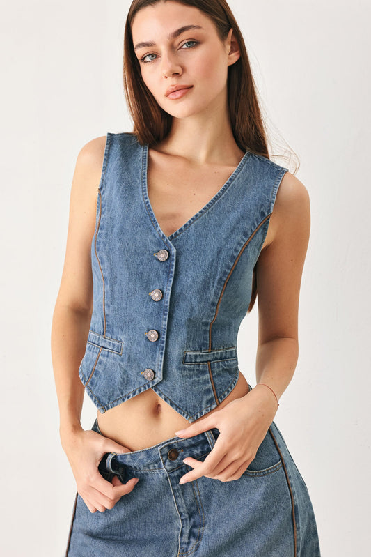 Western Muse Denim Vest, view 1 — Soul Flow Apparel