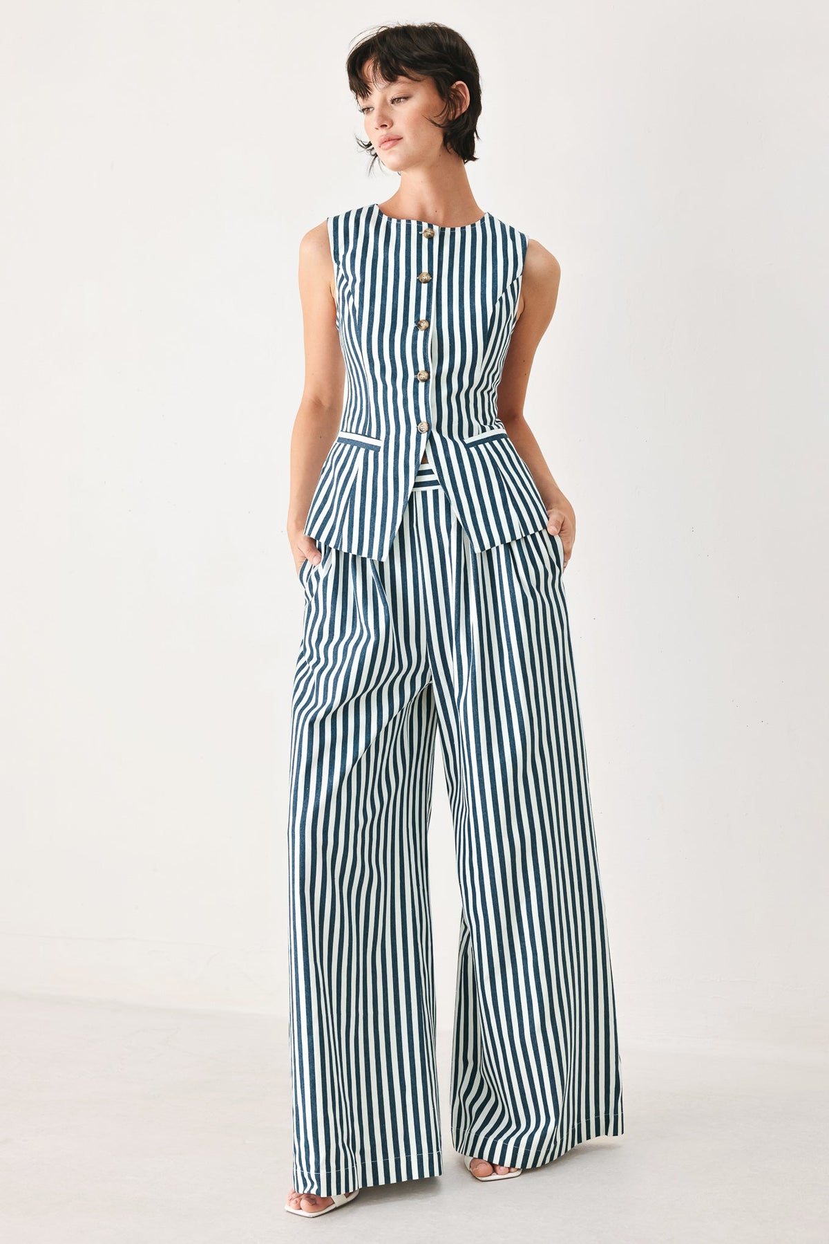 Portside Stripe Woven Vest in blue white, view 4 — Soul Flow Apparel