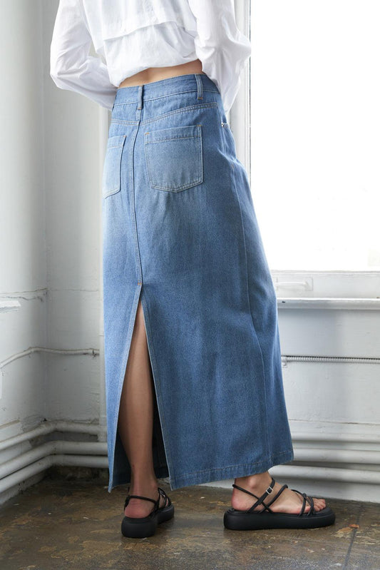 A Leap of Faith Midi Denim Skirt, view 3 — Soul Flow Apparel