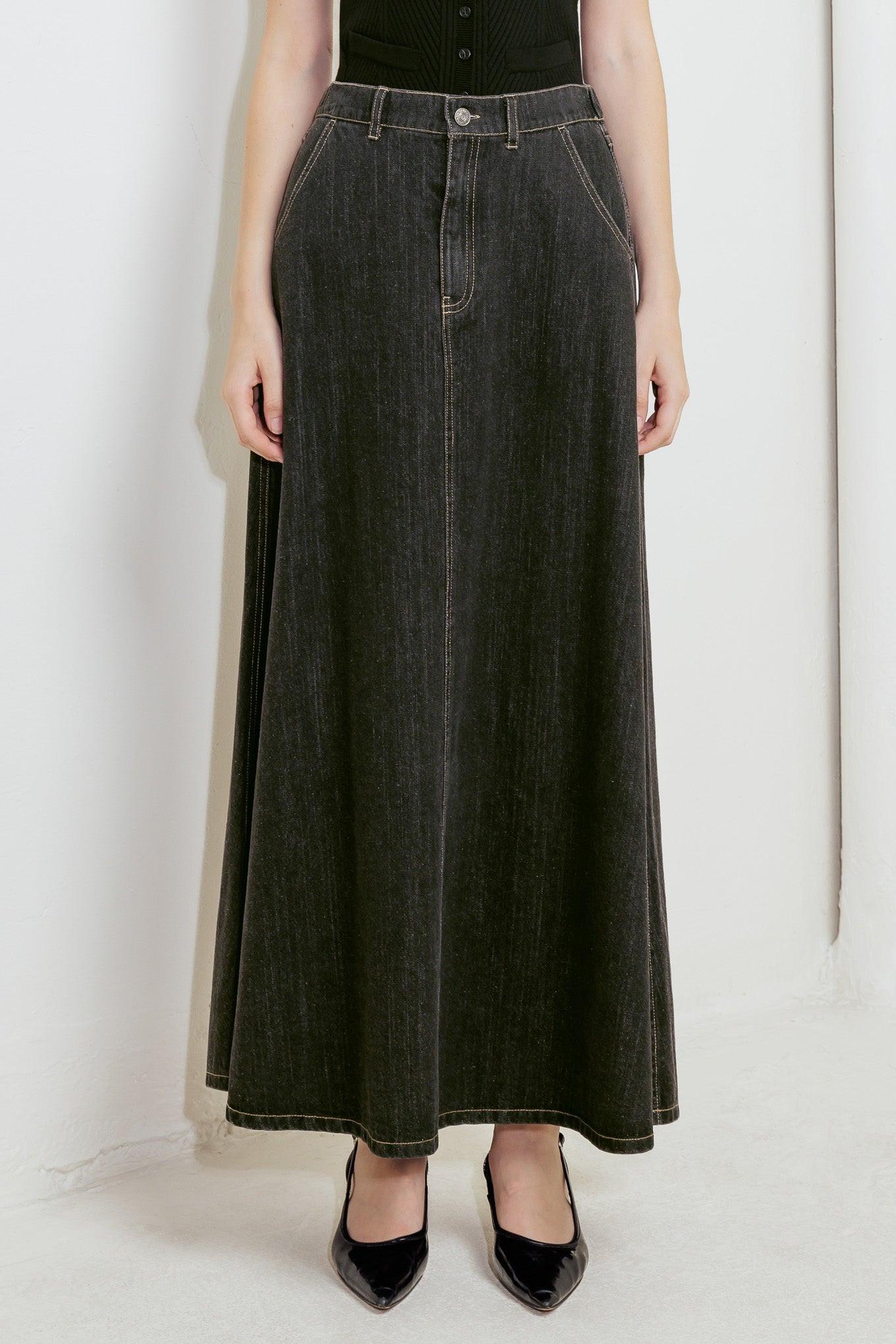 Trading Secrets Denim Skirt in black, view 1 — Soul Flow Apparel