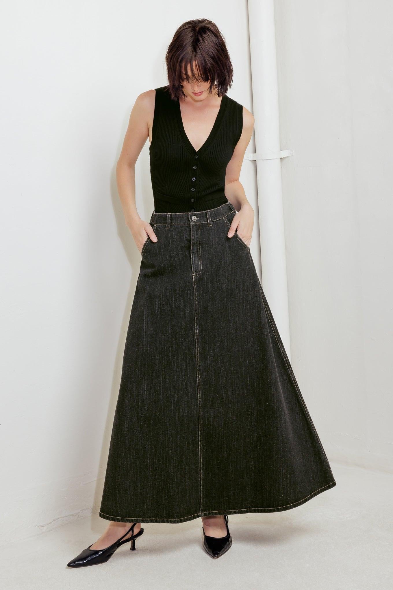 Trading Secrets Denim Skirt in black, view 2 — Soul Flow Apparel