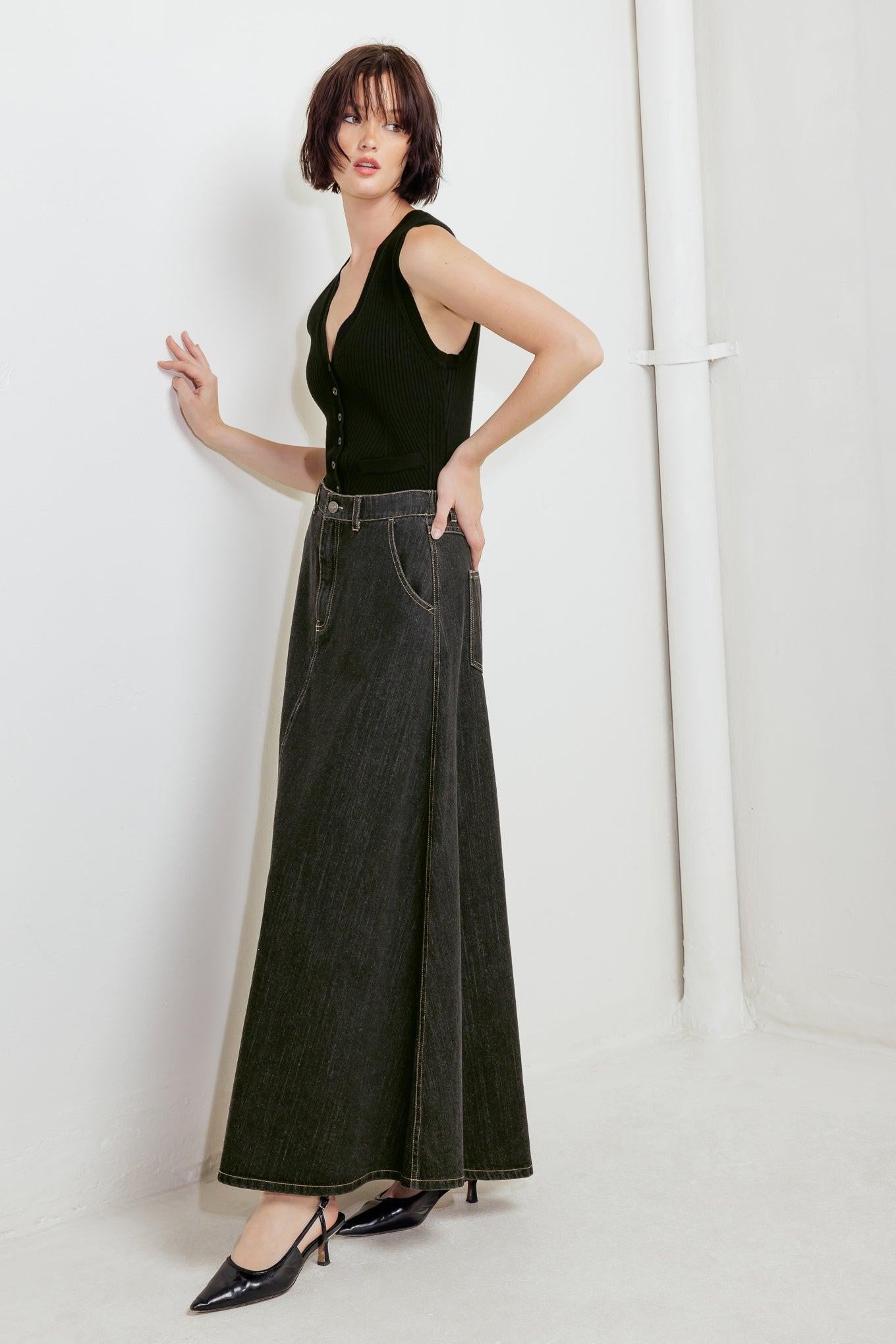 Trading Secrets Denim Skirt in black, view 4 — Soul Flow Apparel