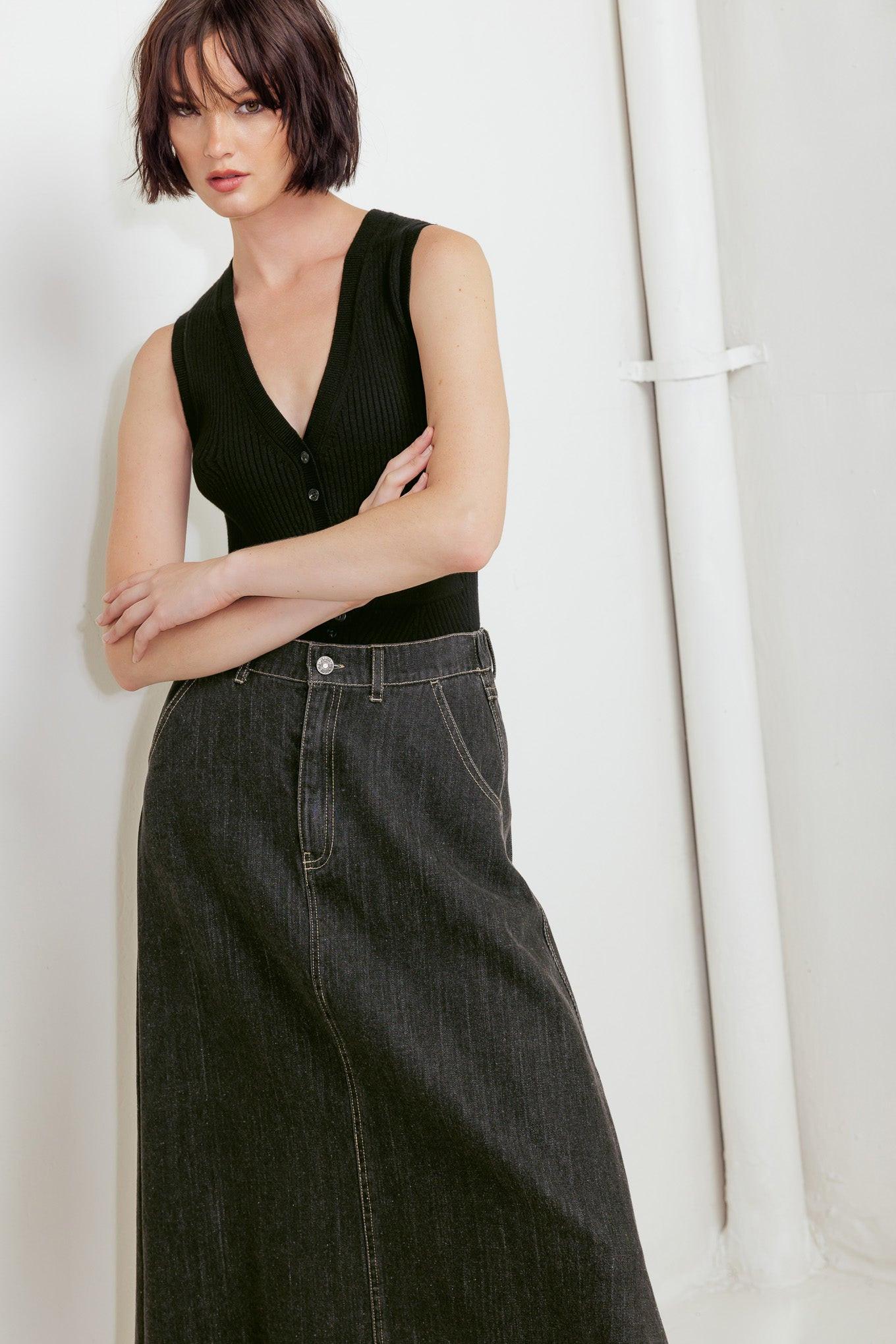 Trading Secrets Denim Skirt in black, view 6 — Soul Flow Apparel