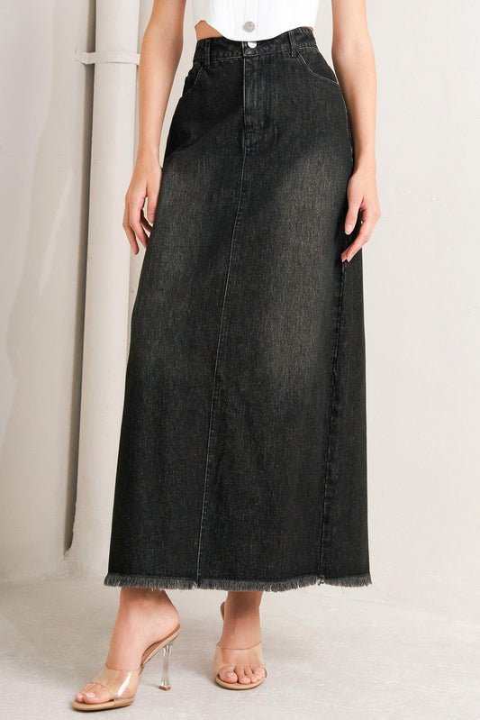 Talk About Beauty Denim Midi Skirt in black, view 1 — Soul Flow Apparel