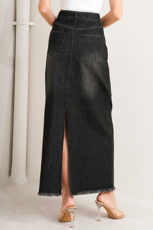 Talk About Beauty Denim Midi Skirt in black, view 3 — Soul Flow Apparel
