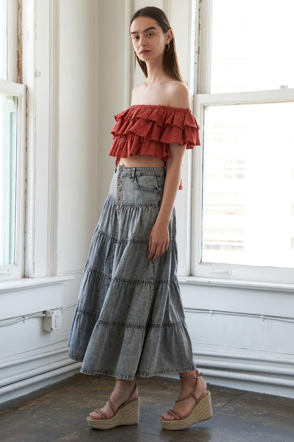 Simple Statement Denim Midi Skirt, view 1 — Soul Flow Apparel