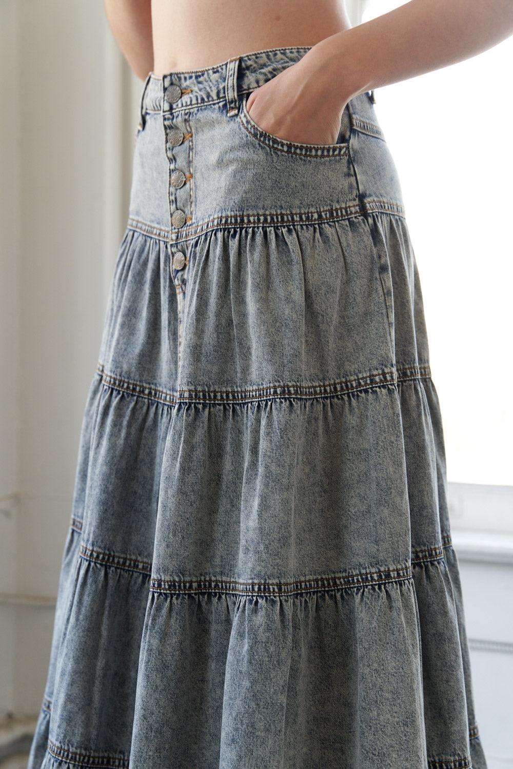 Simple Statement Denim Midi Skirt, view 4 — Soul Flow Apparel