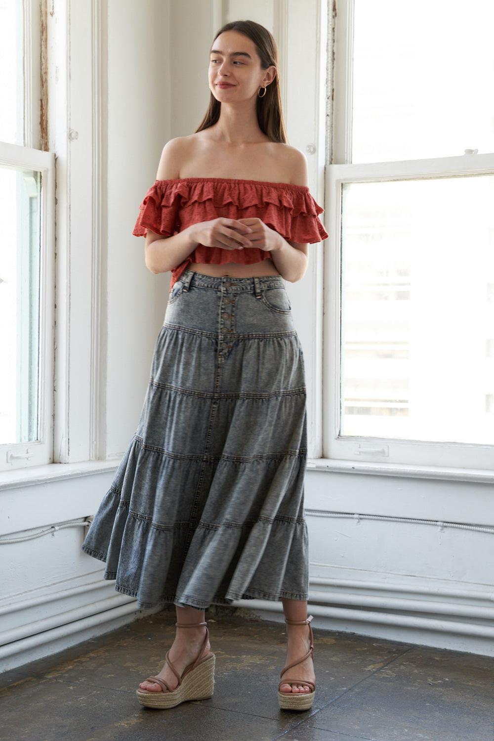 Simple Statement Denim Midi Skirt, view 5 — Soul Flow Apparel