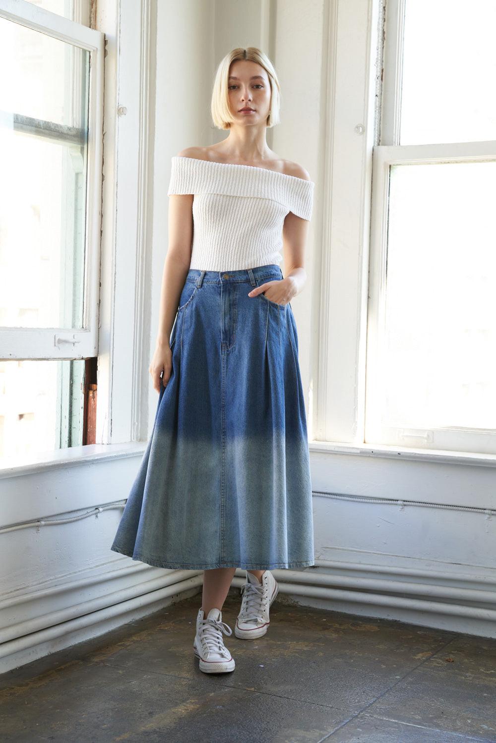 State of Mind Denim Midi Skirt, view 1 — Soul Flow Apparel