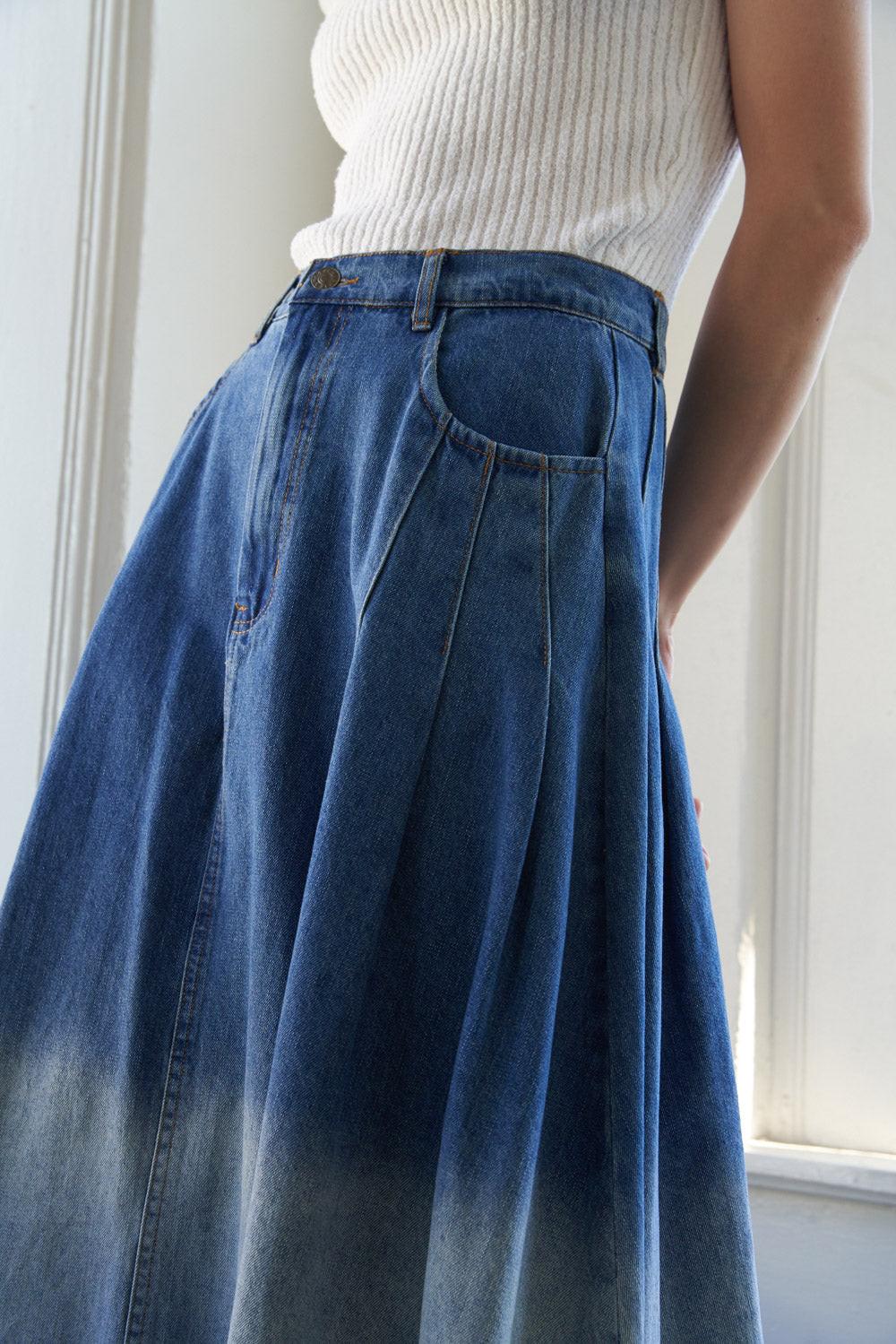 State of Mind Denim Midi Skirt, view 2 — Soul Flow Apparel