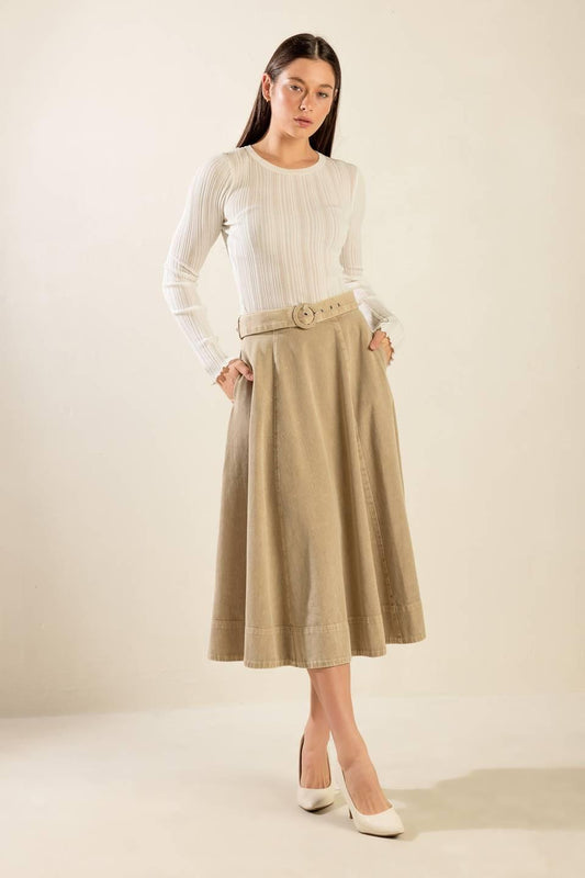 You Know It Twill Midi Skirt in taupe, view 1 — Soul Flow Apparel