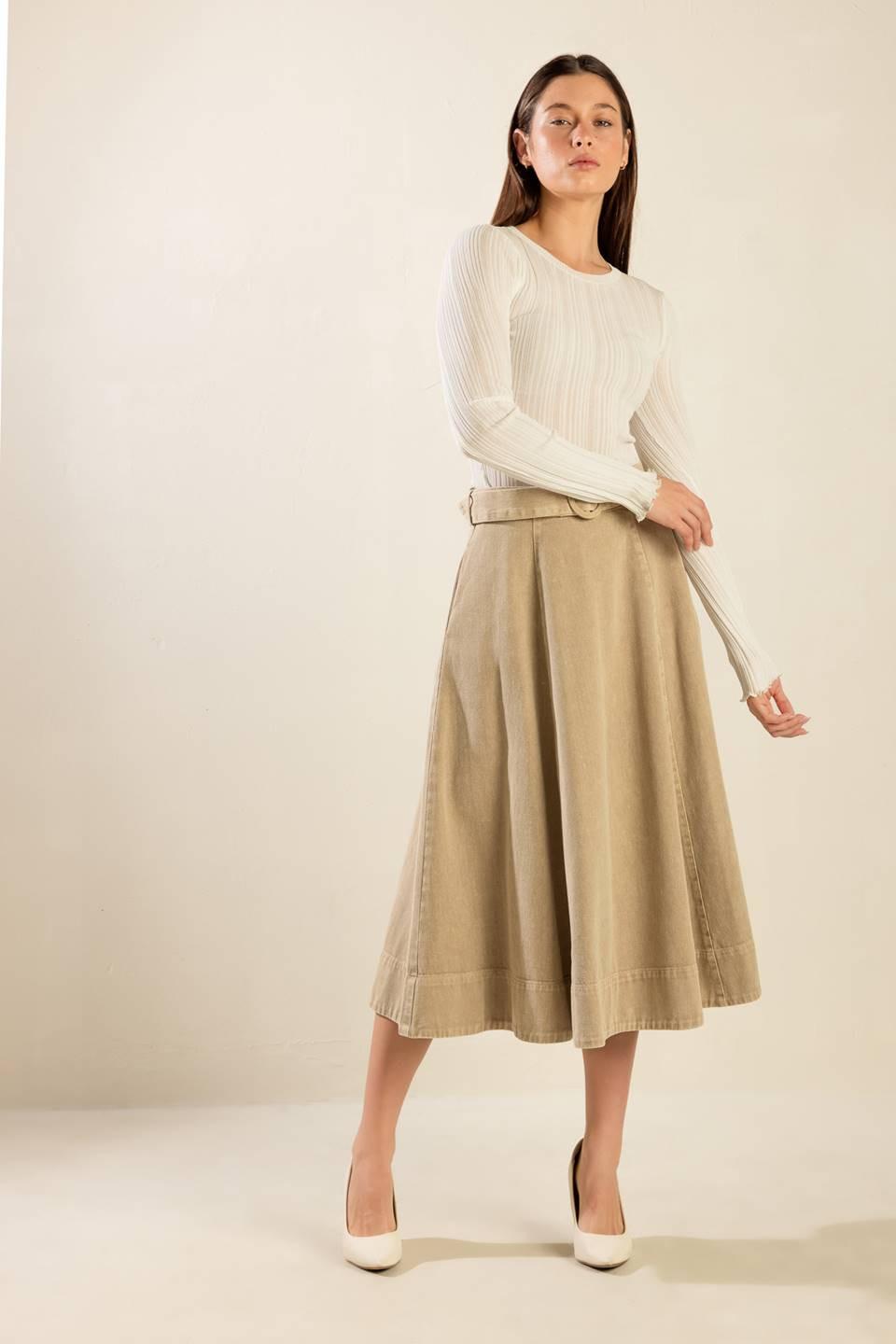 You Know It Twill Midi Skirt in taupe, view 2 — Soul Flow Apparel