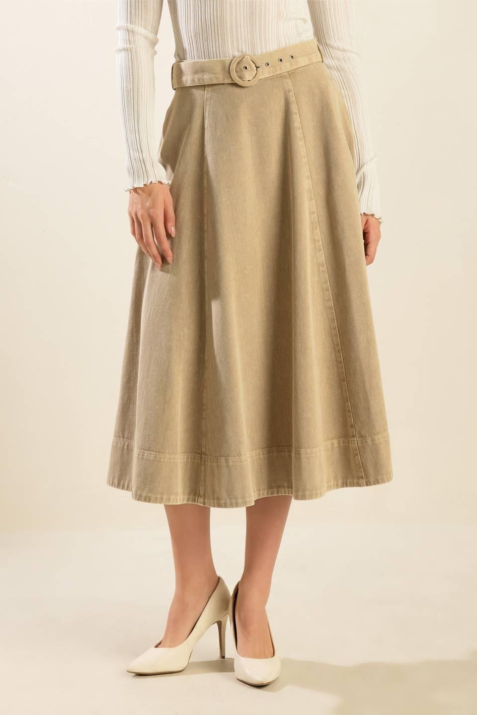 You Know It Twill Midi Skirt in taupe, view 3 — Soul Flow Apparel